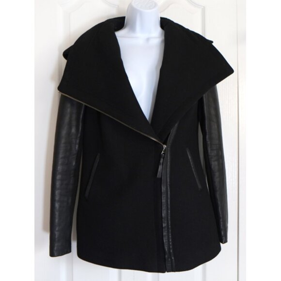 Mackage Odilia black wool and leather moto jacket w/ removable hood - Picture 3 of 11